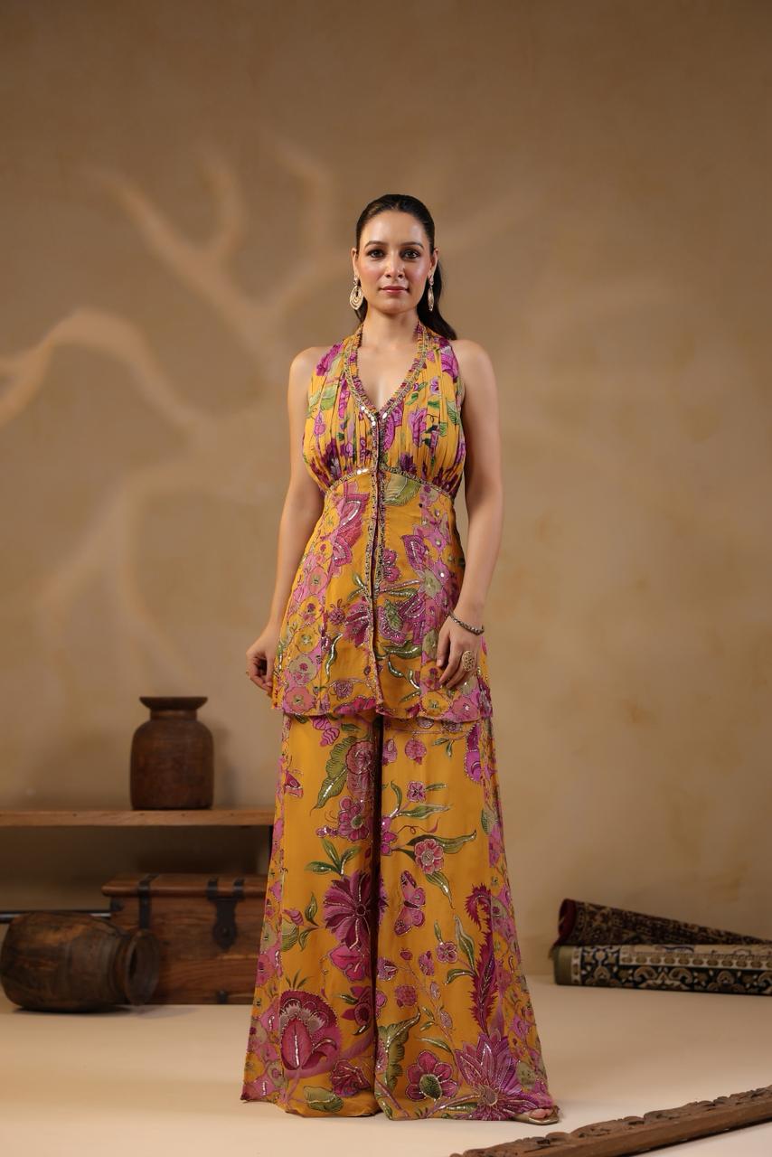 Mustard Georgette Floral Printed Mirror Embellished Suit Set