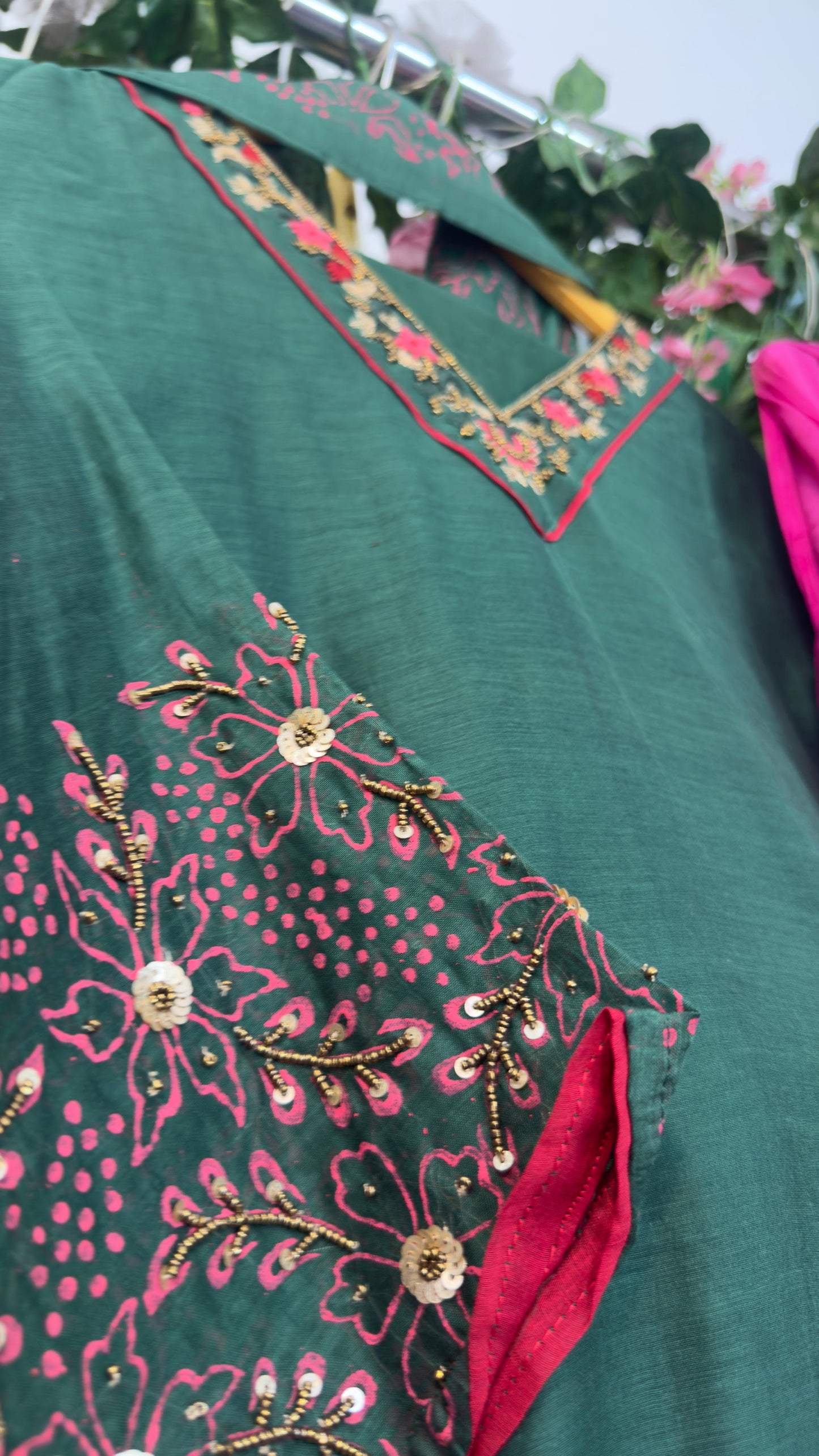 Mul chandari hand printed with hand work Aline suit