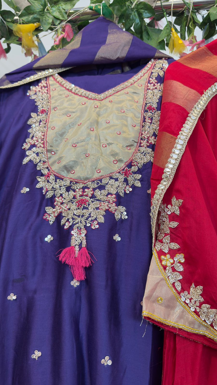 Tissue yoke with handwork pure chandari silk Anarkali suit