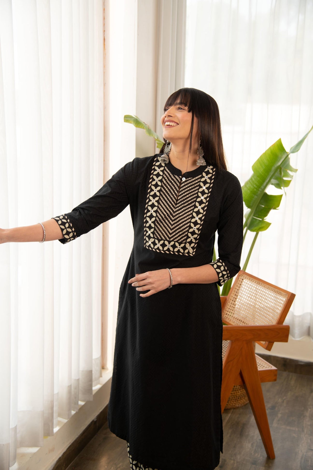 Black Dobby Straight Kurta with Printed Afghani bottom