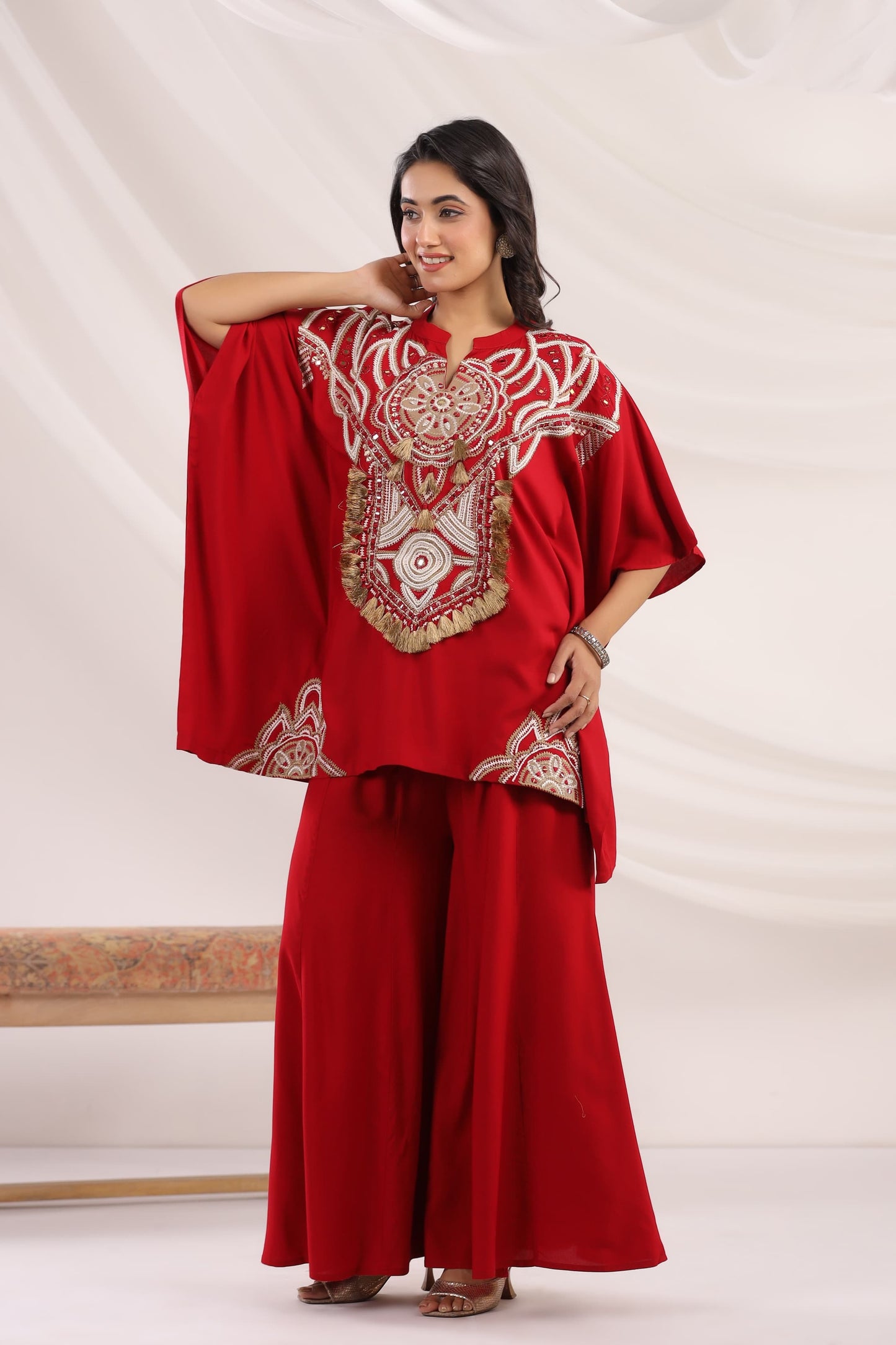 Marron rayon Indo western kaftan boho work co ord set
