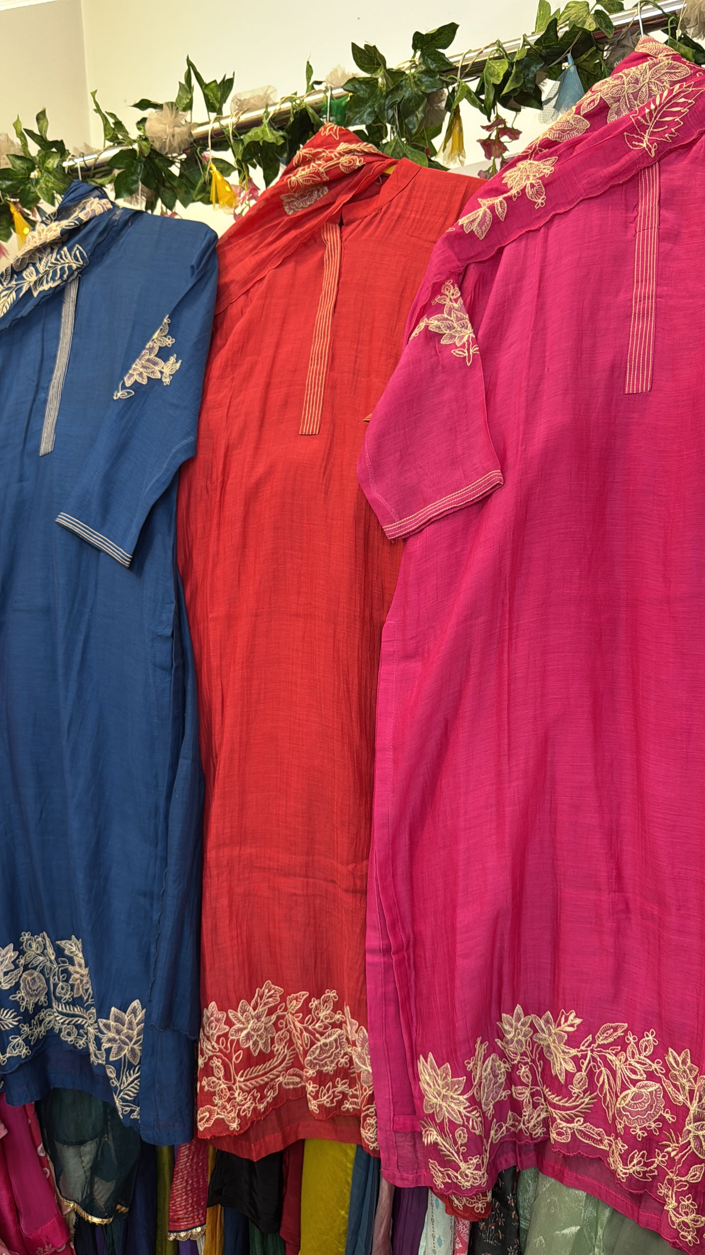Embroidery pure mul chandari standing collar suit