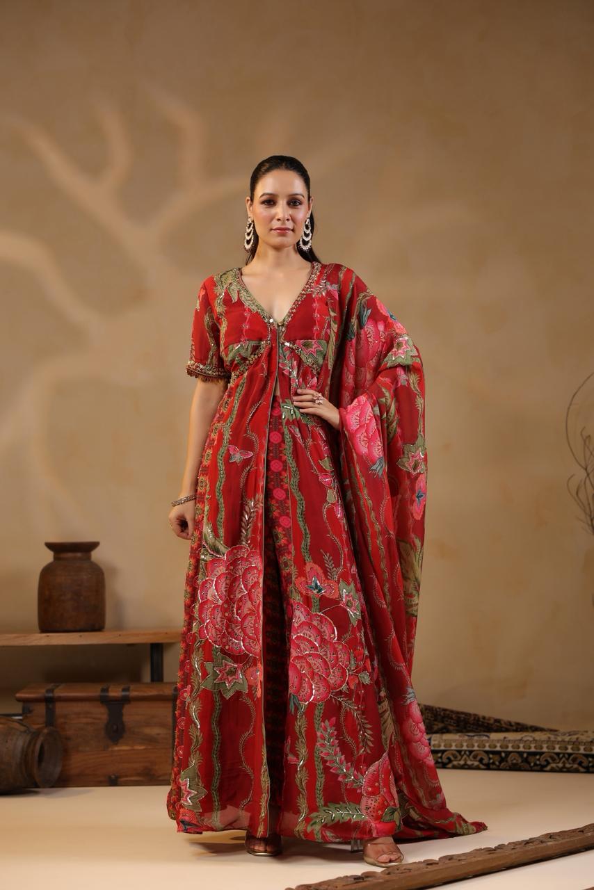 Red Georgette Cut-Dana & Beads Embroidered 3-Piece Suit Set