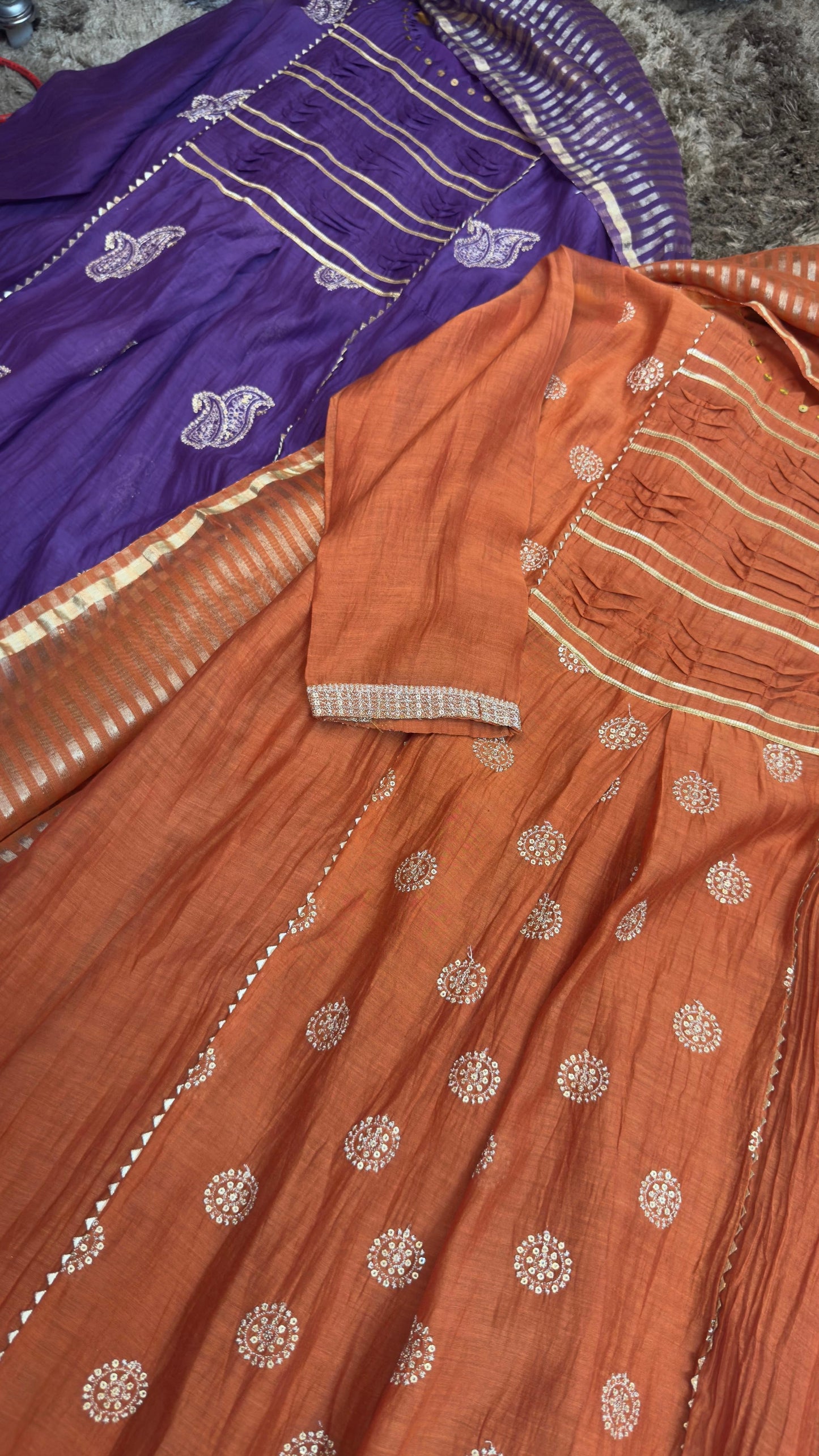 Heer classy Aline mul chandari suit with tissue dup & cotton silk pants
