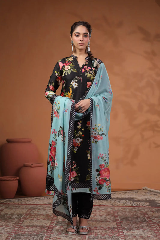 Black floral silk suit