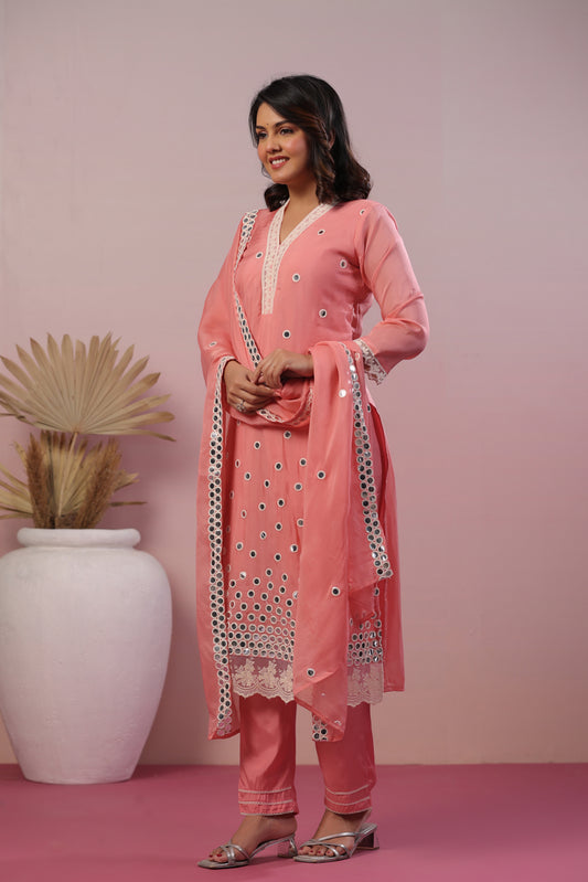 Peach organza suit dup ( foil mirror ) with Santoon pants