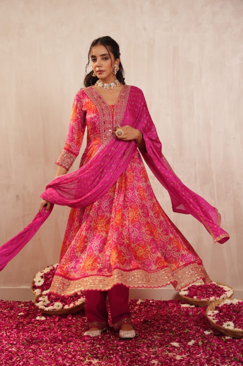 Pink Bandhani chinon anary