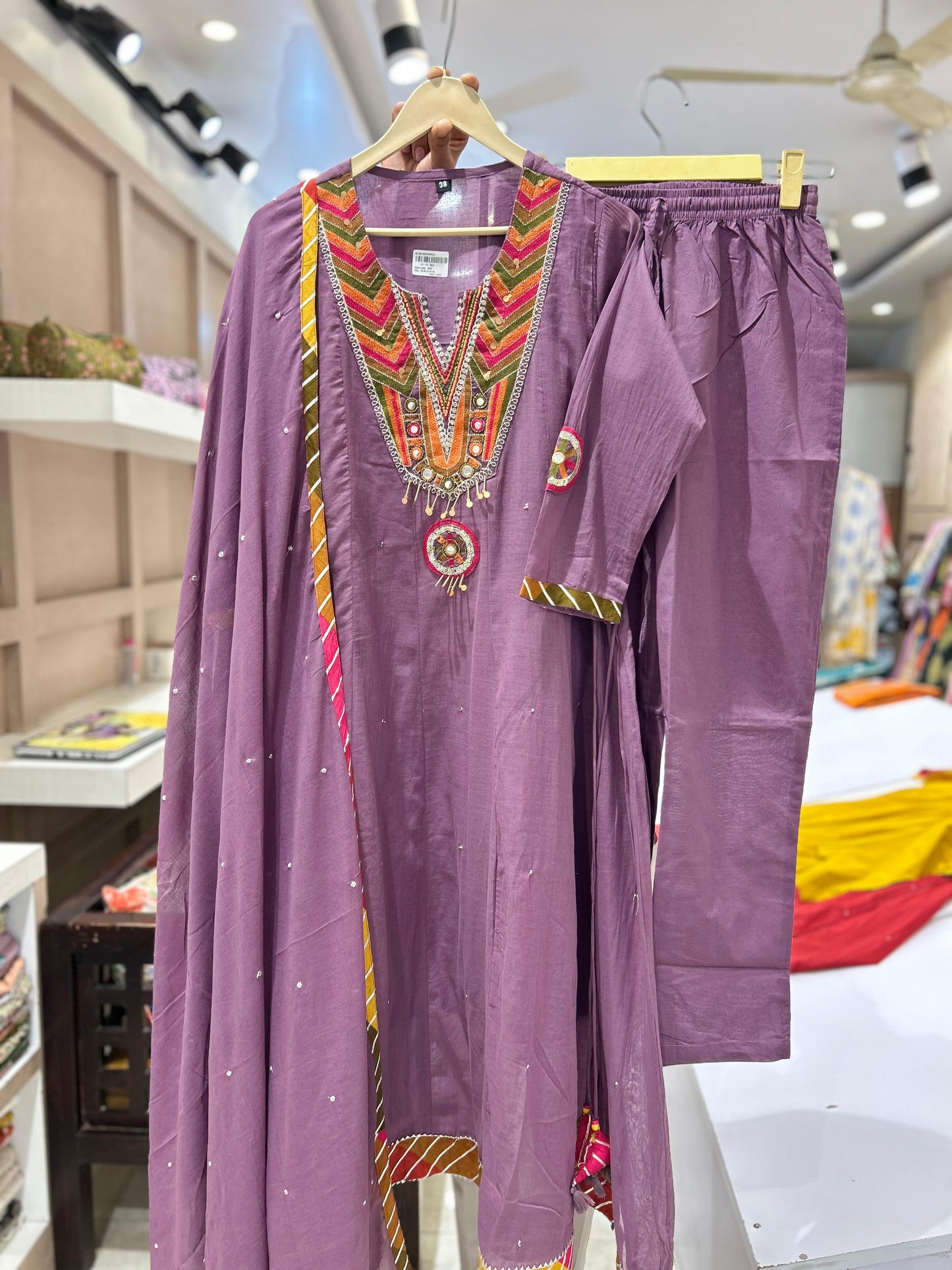 Purple Pure cotton Anarkali with beautiful embroidery yoke crush dup and pants