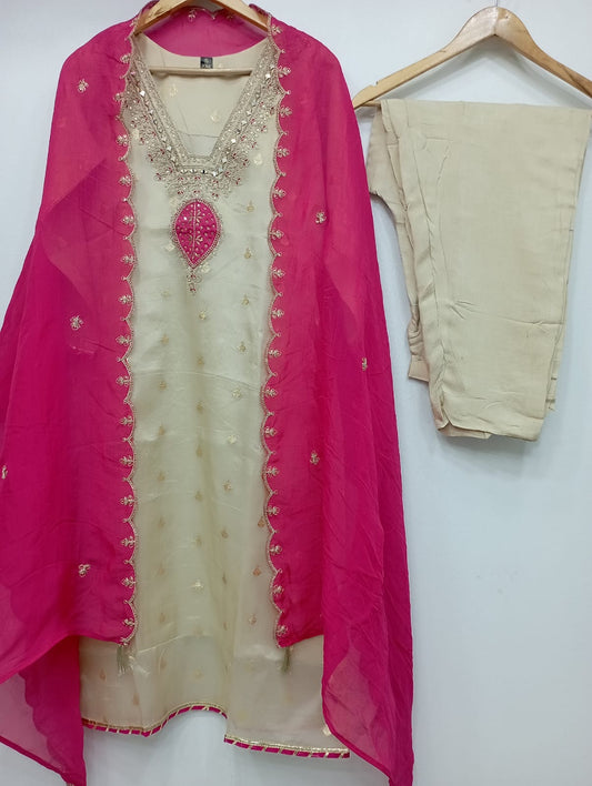Off white banaras organza suit