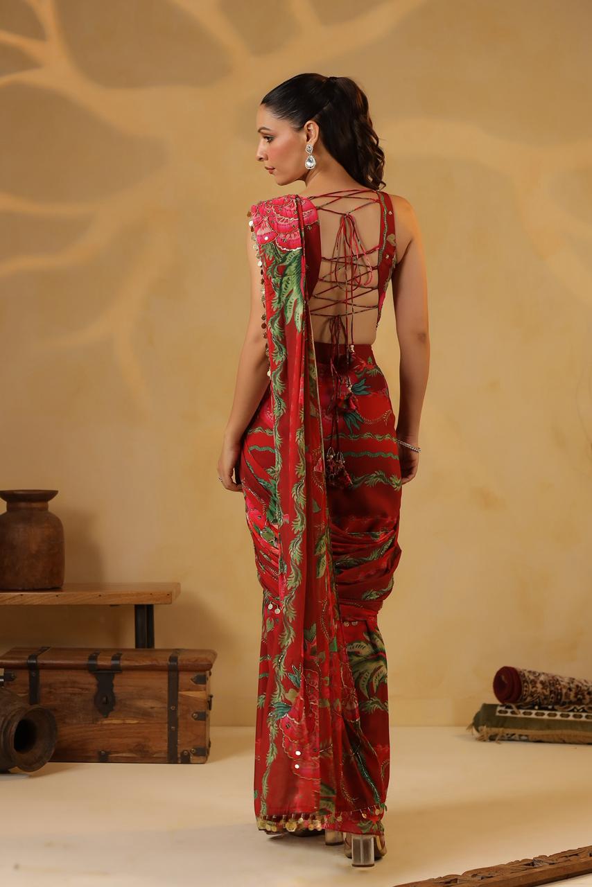 Ready-to-Wear Red Georgette Saree and Embroidered Blouse