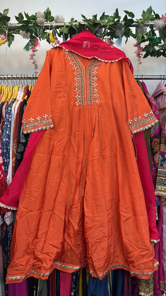 Orange hand work Anarkali