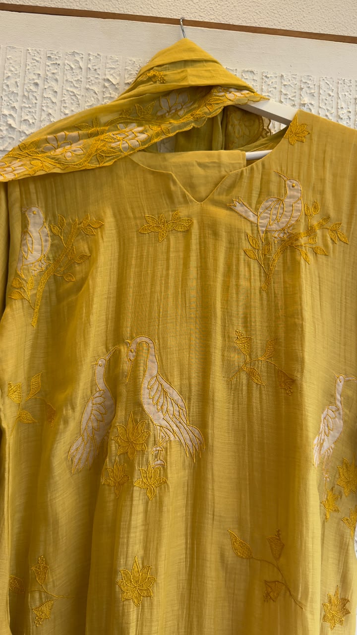 Sawan bird appliqué mul chandari suit