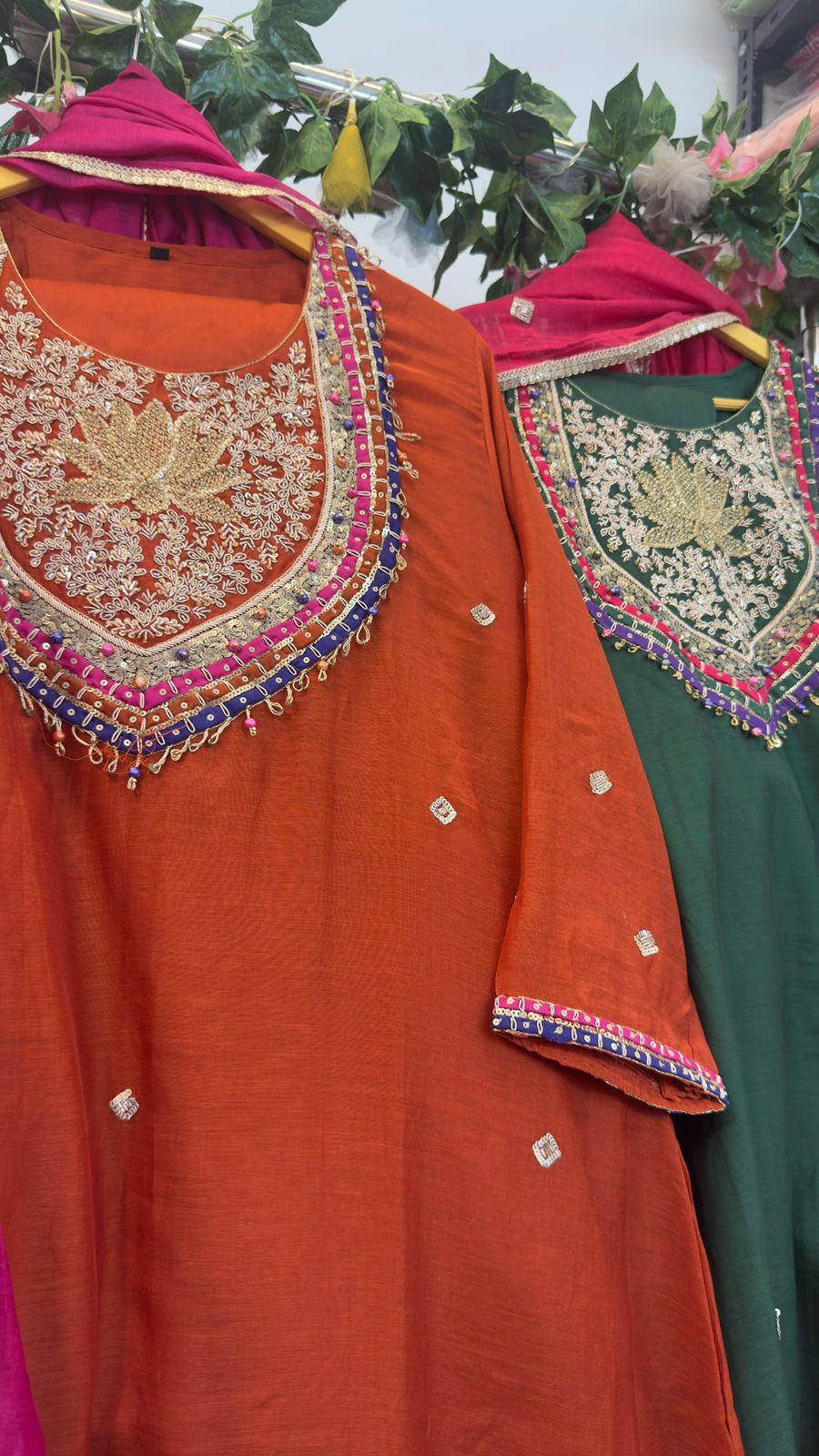 Heavy neck work with beautiful contrast duppata mul chandari Aline suit