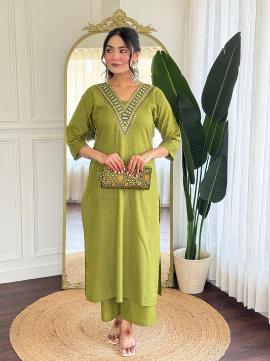 V mehendi green cotton kurta pant