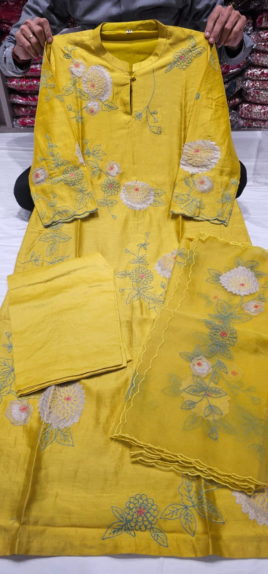 Appliqué embroidery mul chandari silk suit
