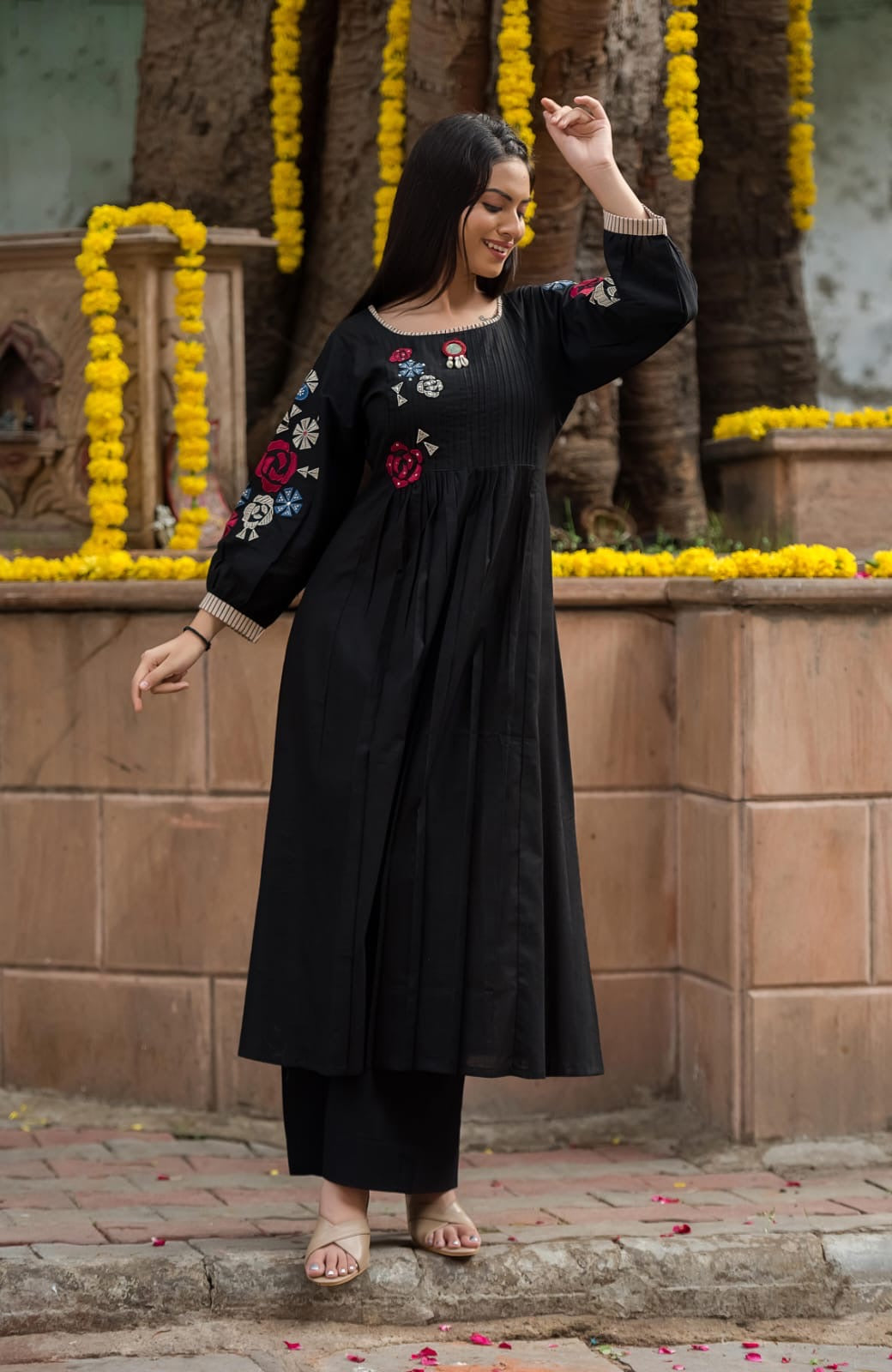 Embroidery black cotton kurta plazoo set