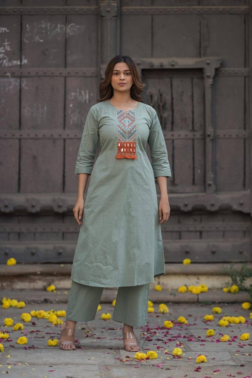 Slub cotton real mirror work kurta pant set