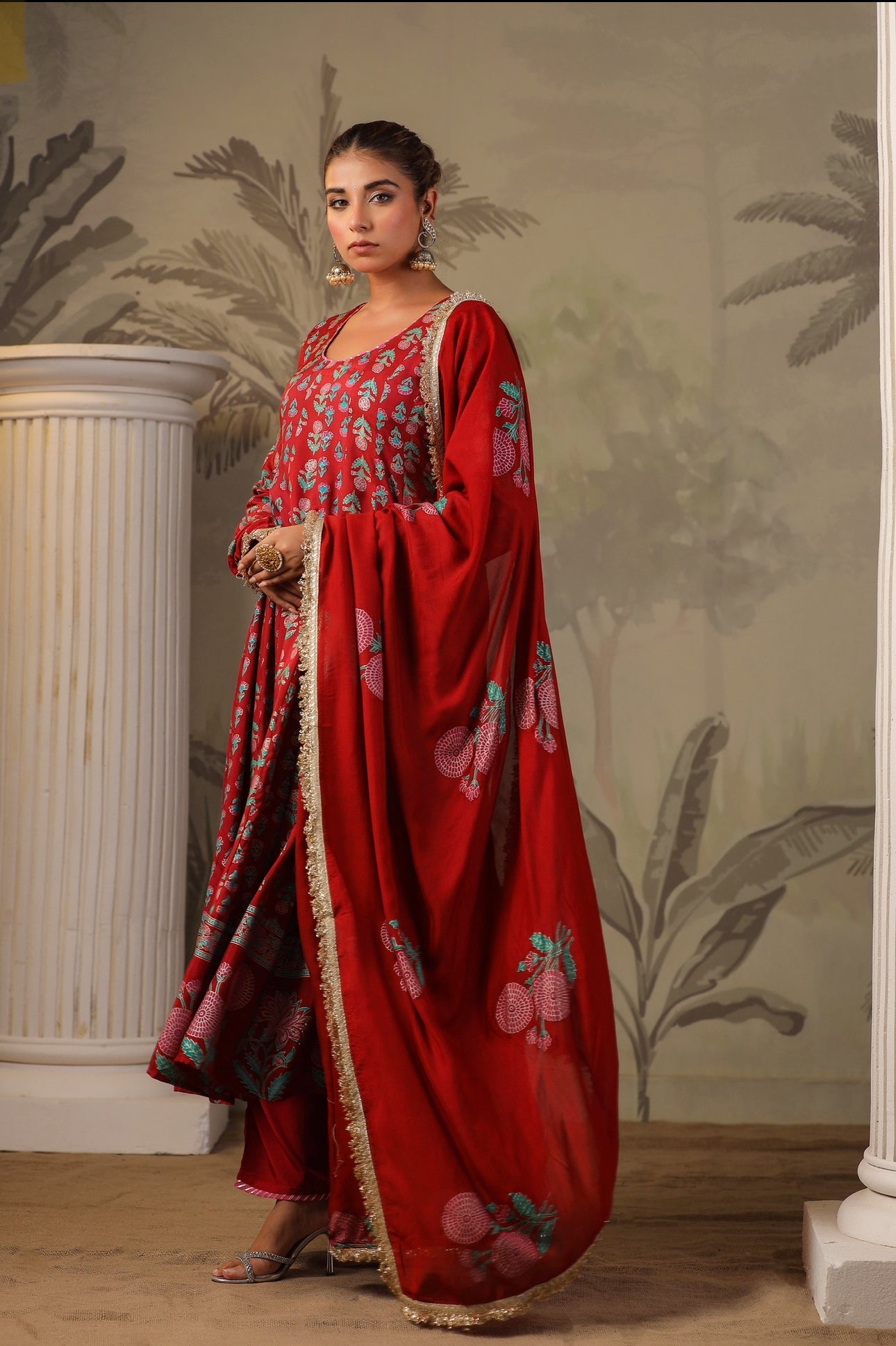 Red Block Print Mughal Print  Anarkali