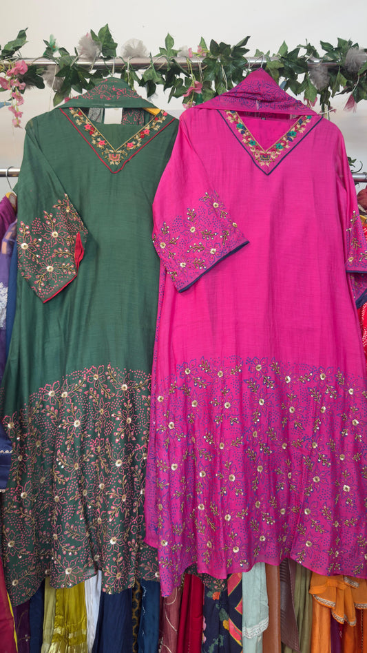Mul chandari hand printed with hand work Aline suit