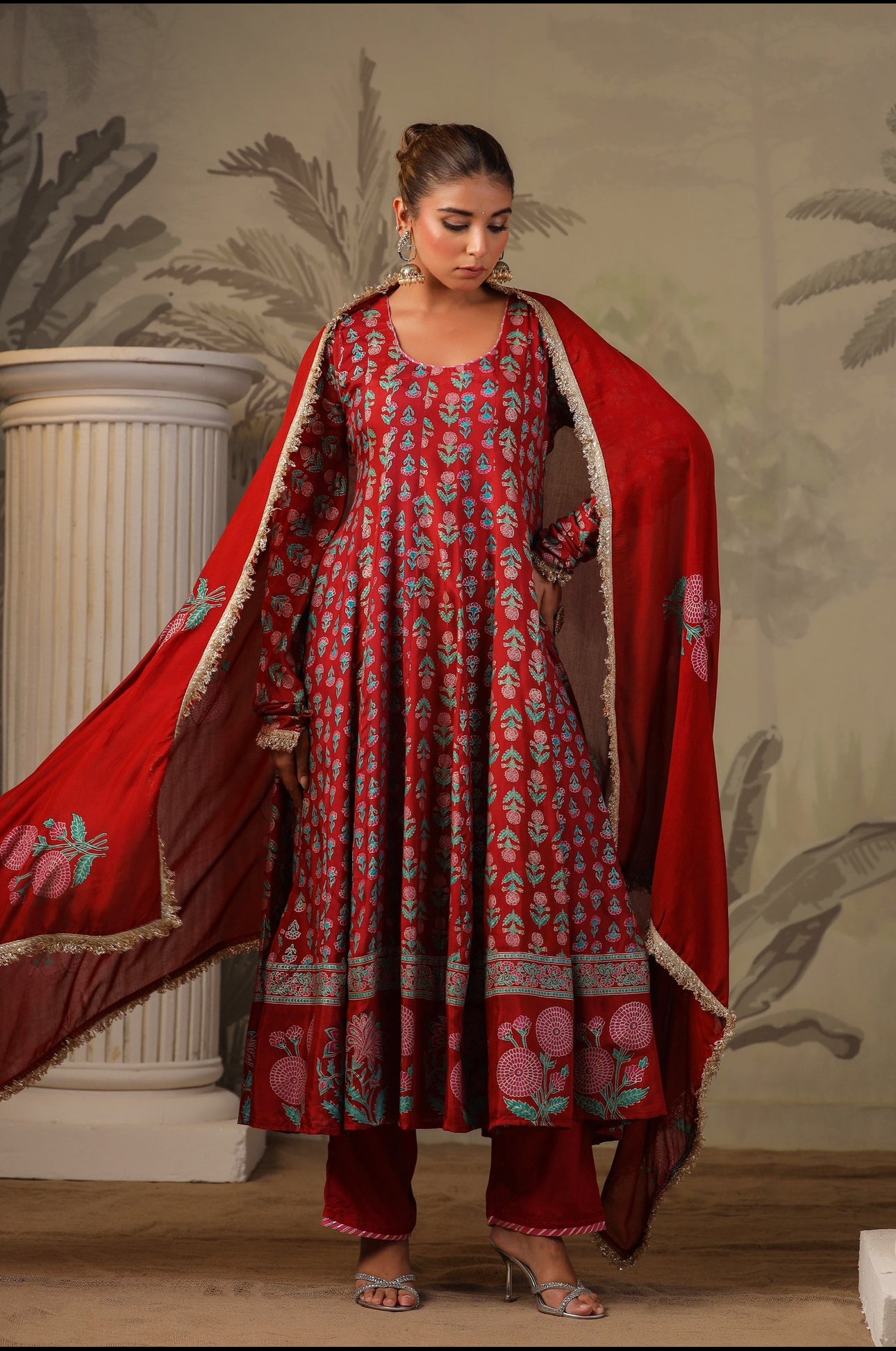 Red Block Print Mughal Print  Anarkali