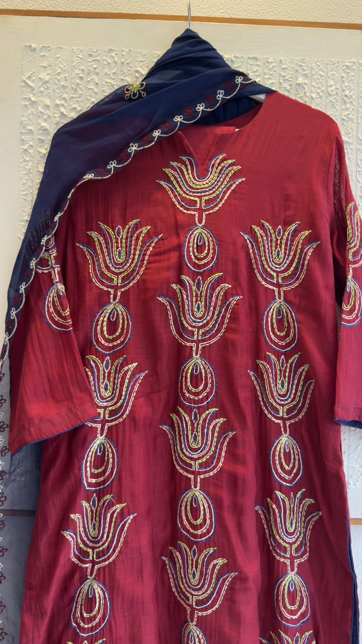 African embroidery mul chandari suit with soft organza dup & cotton silk pants