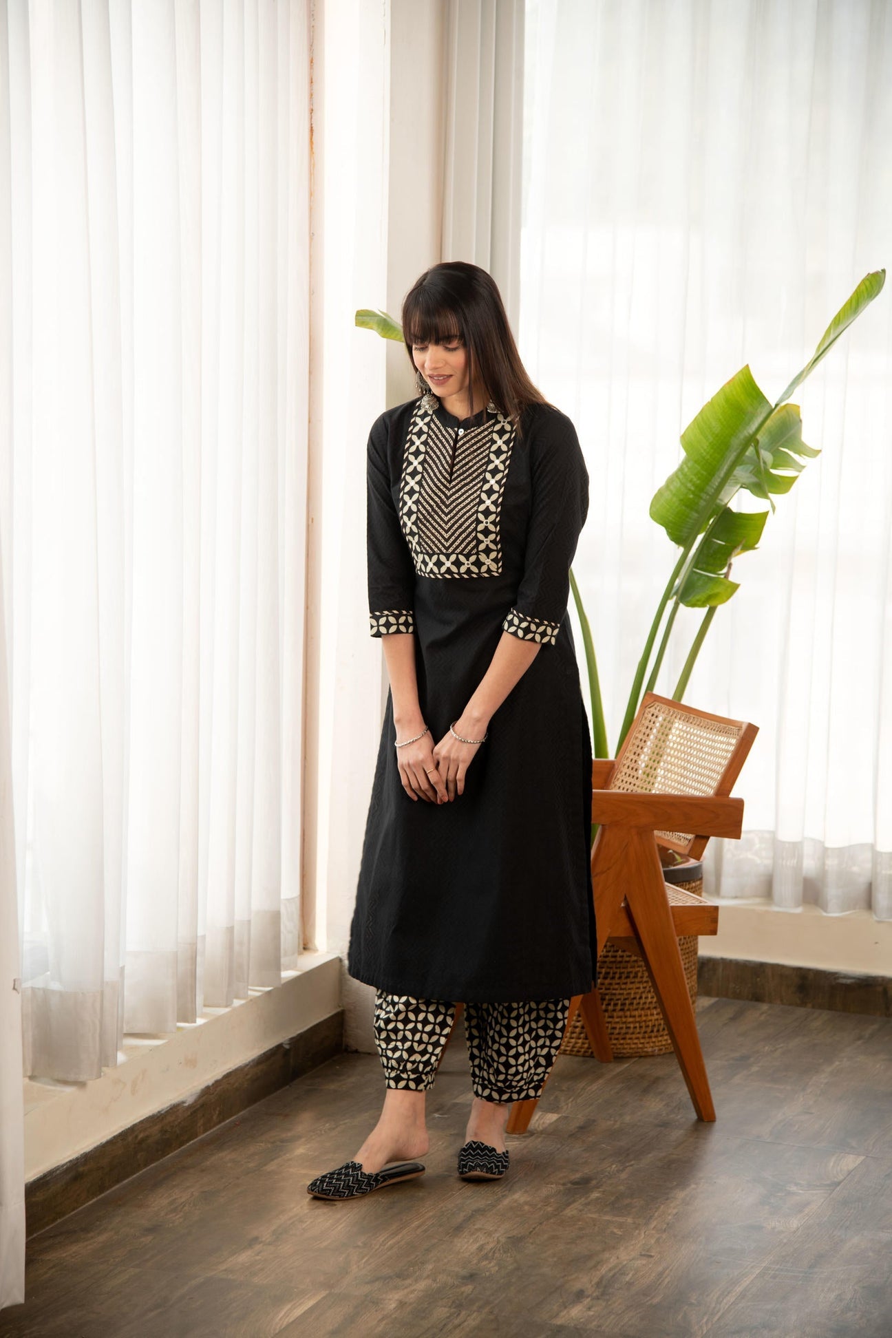 Black Dobby Straight Kurta with Printed Afghani bottom