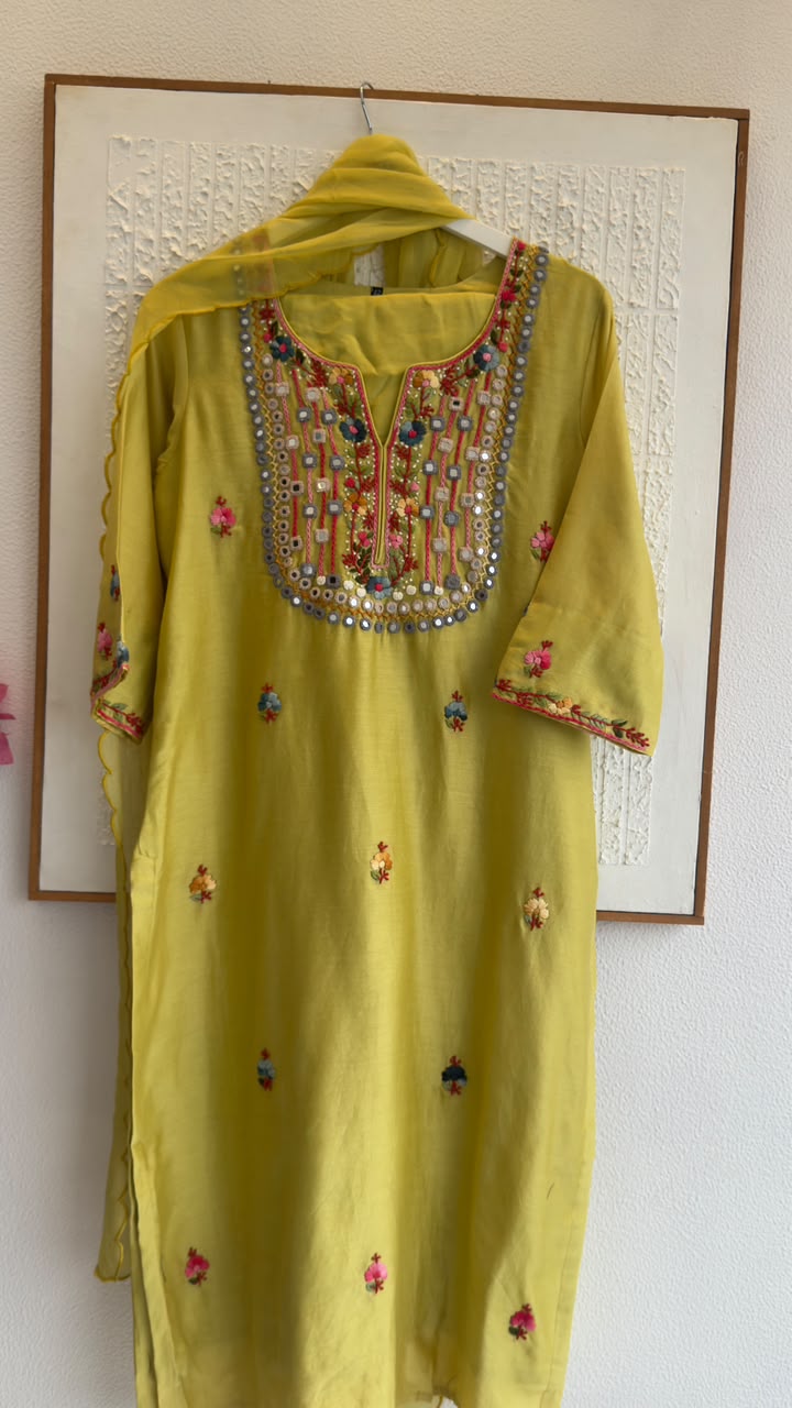 Real mirror work chandari silk with soft organza dup