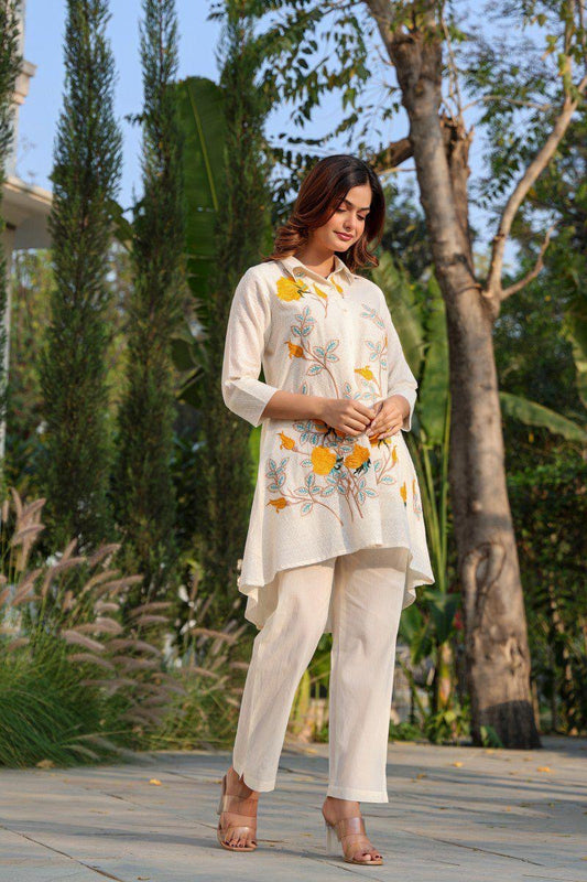 Yellow parse embroidery hakoba cotton fabric co ord set
