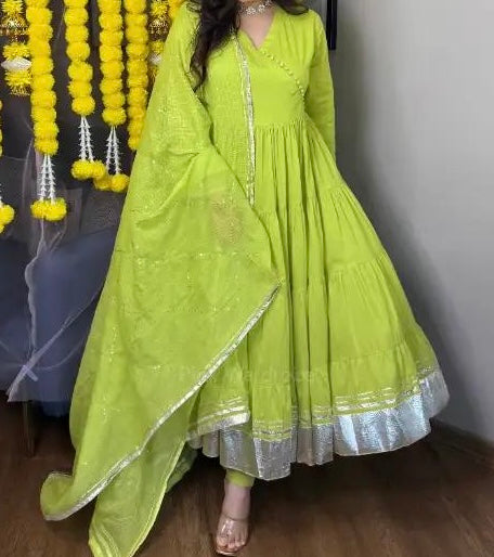 Neon green  beautiful cotton Anarkali with gota and kota doria dupatta