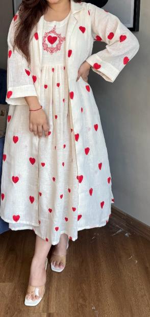 Heart embroidery cotton linen dress with jacket
