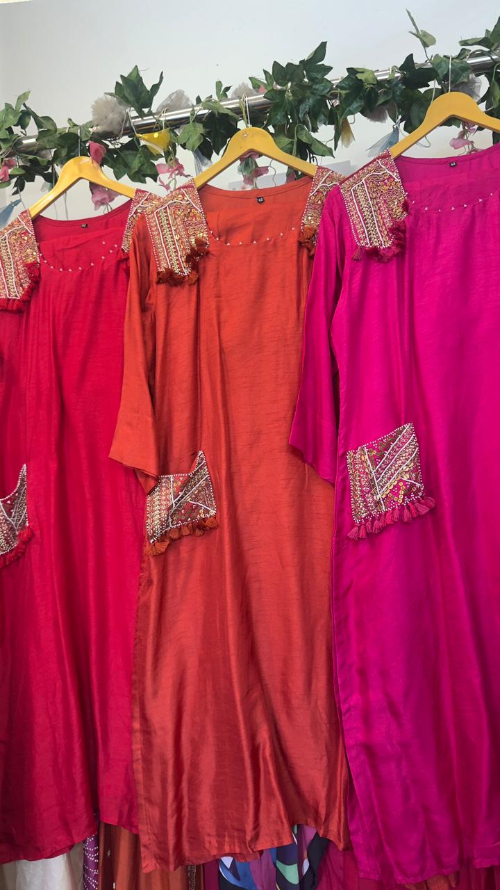 Traditional with fusion pocket work silk kurta pant set