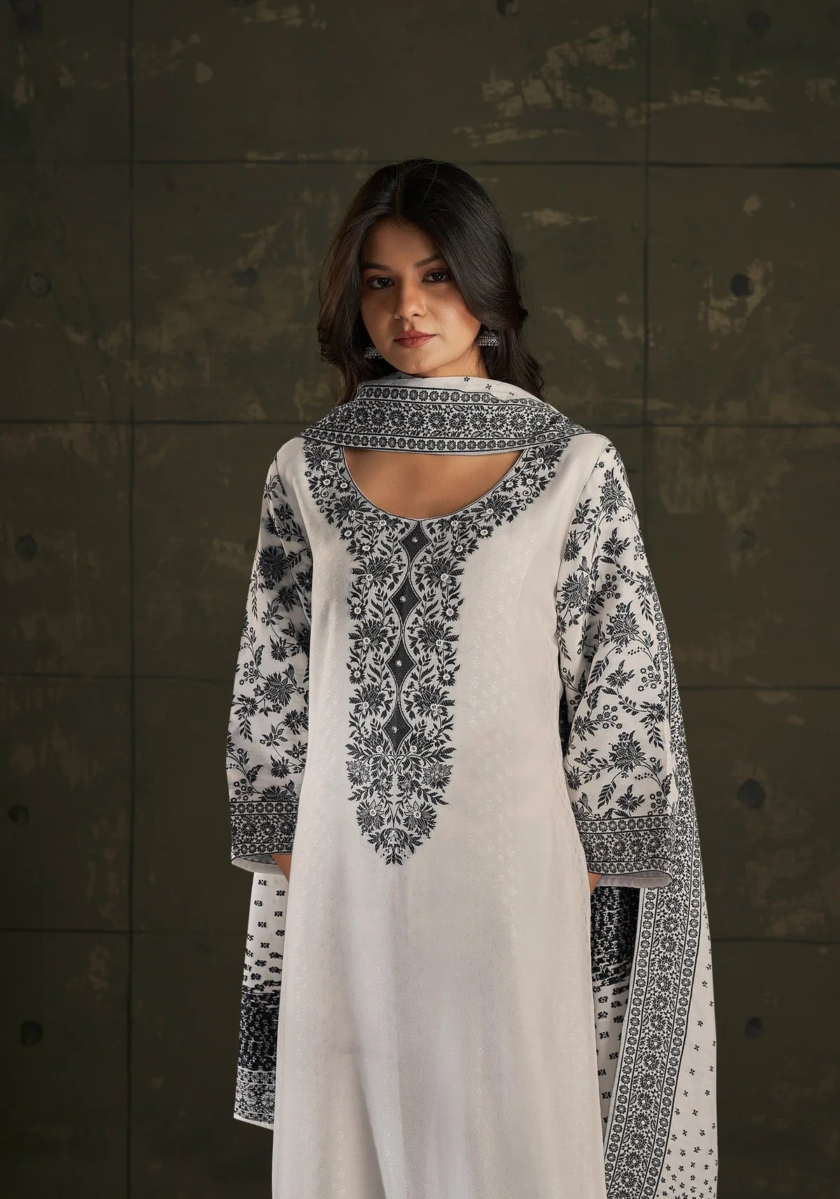 Jamdani white black suit