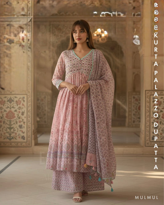 Full sleeves mul cotton Anarkali with palzoo