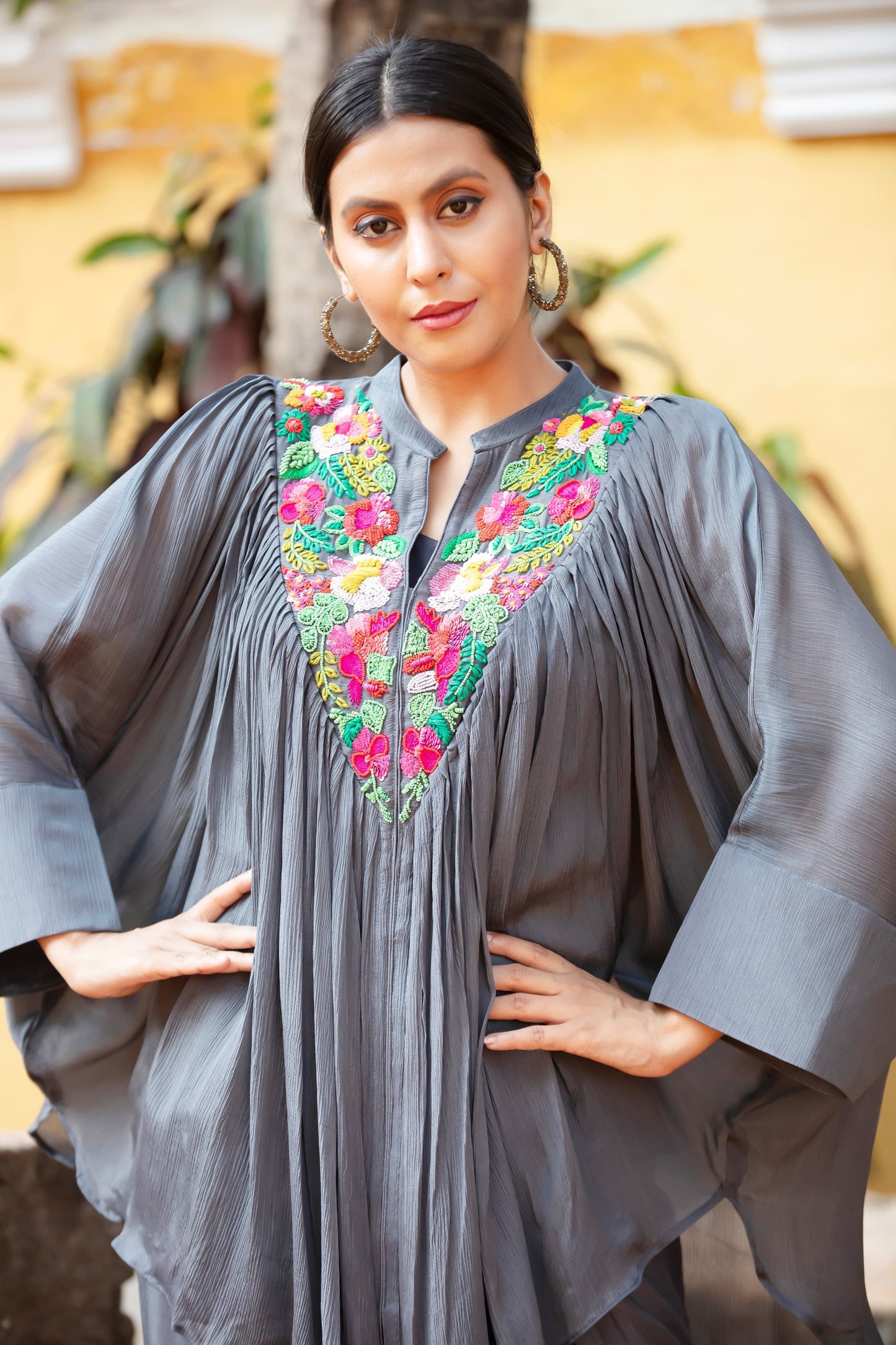 Grey Chinon Kaftan Suit With Sequins