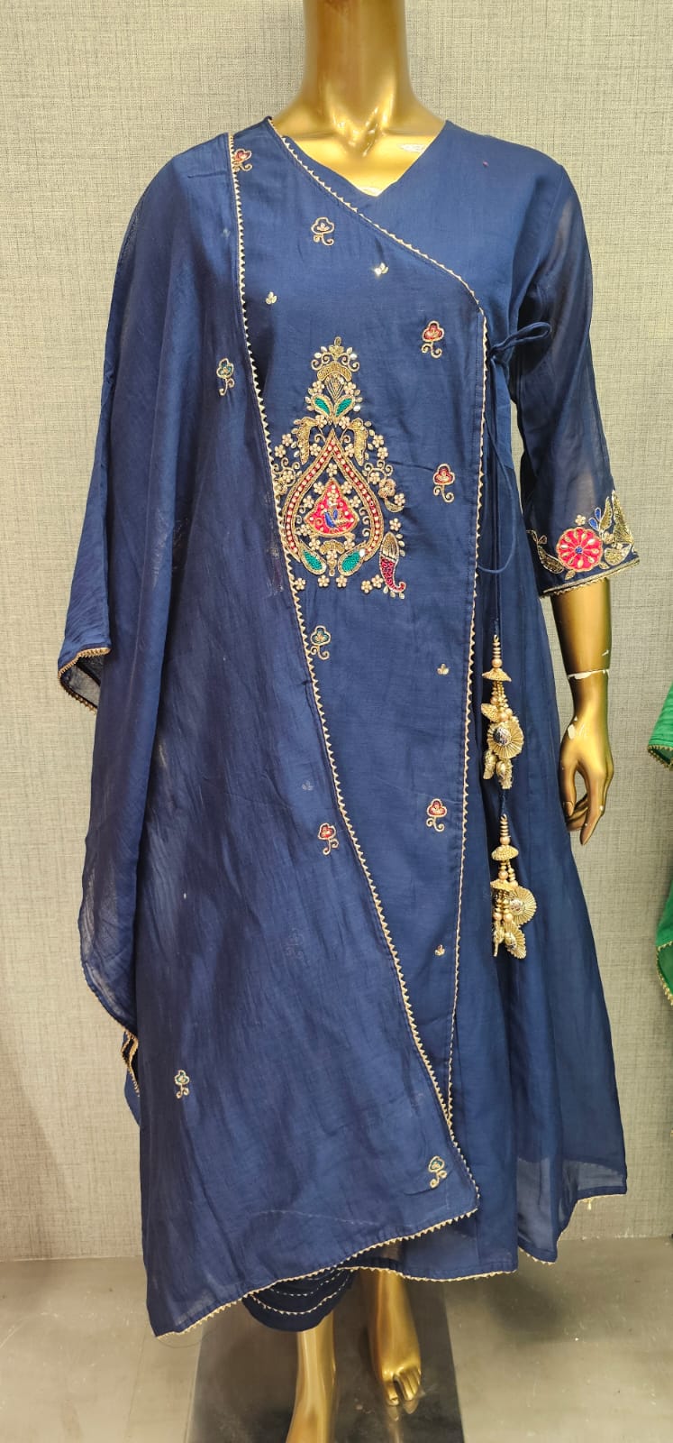 Angrakha pattern beautiful handwork suit in mul chandari