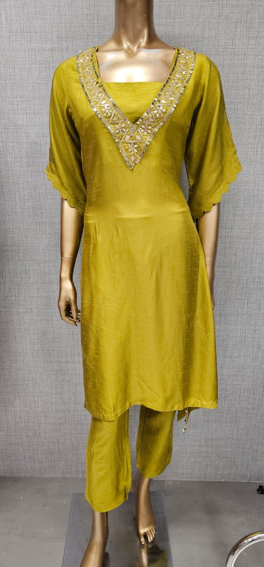 Premium green Pure chandari silk A-Line Kurta With Pant & Buster