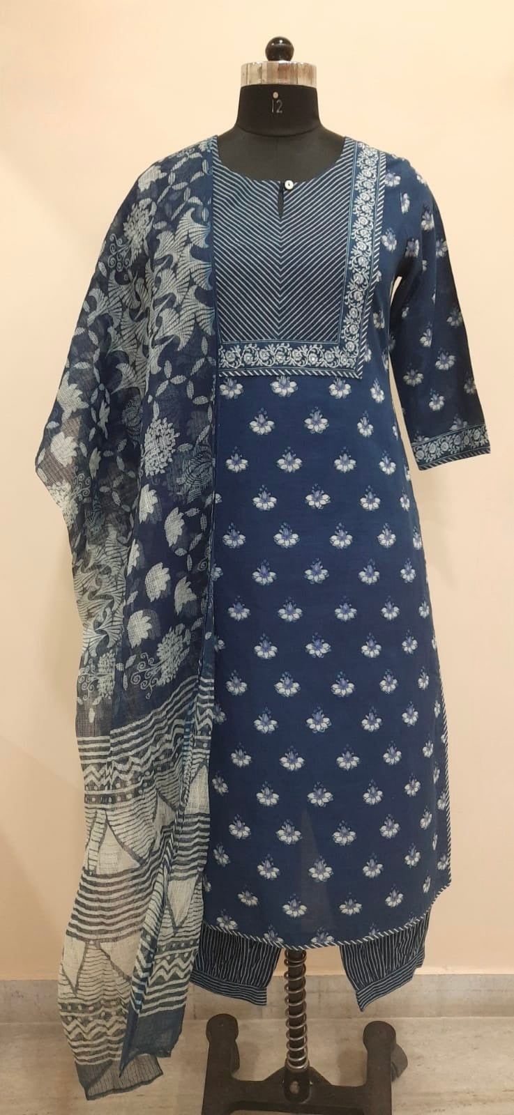 Indigo pure cotton paired with divided print kota doria dupatta