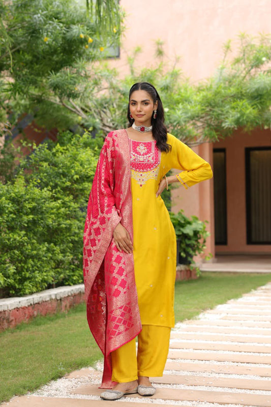 Yellow silk suit with banaras Dupatta ￼