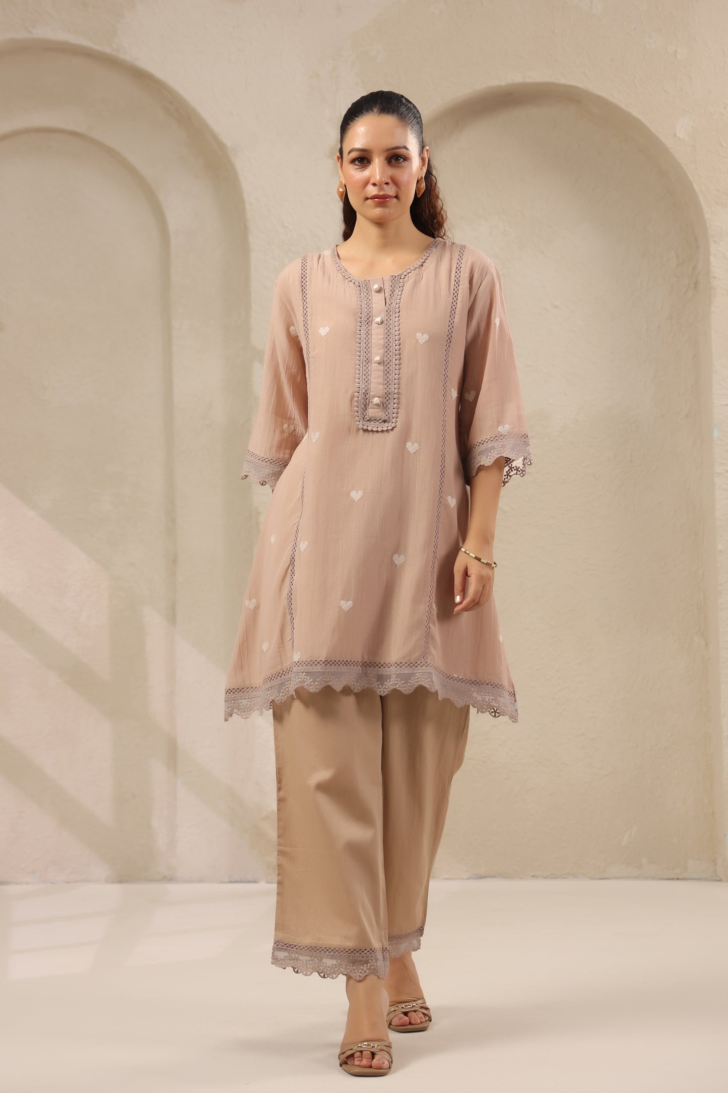 Heart Ivory pink mul chandari co ord set