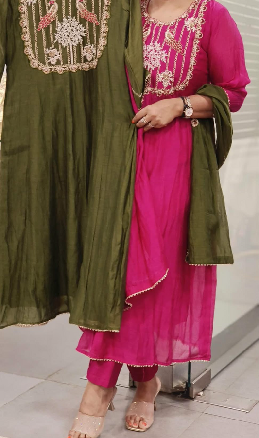 Morni handwork contrast colour mul chandari suit