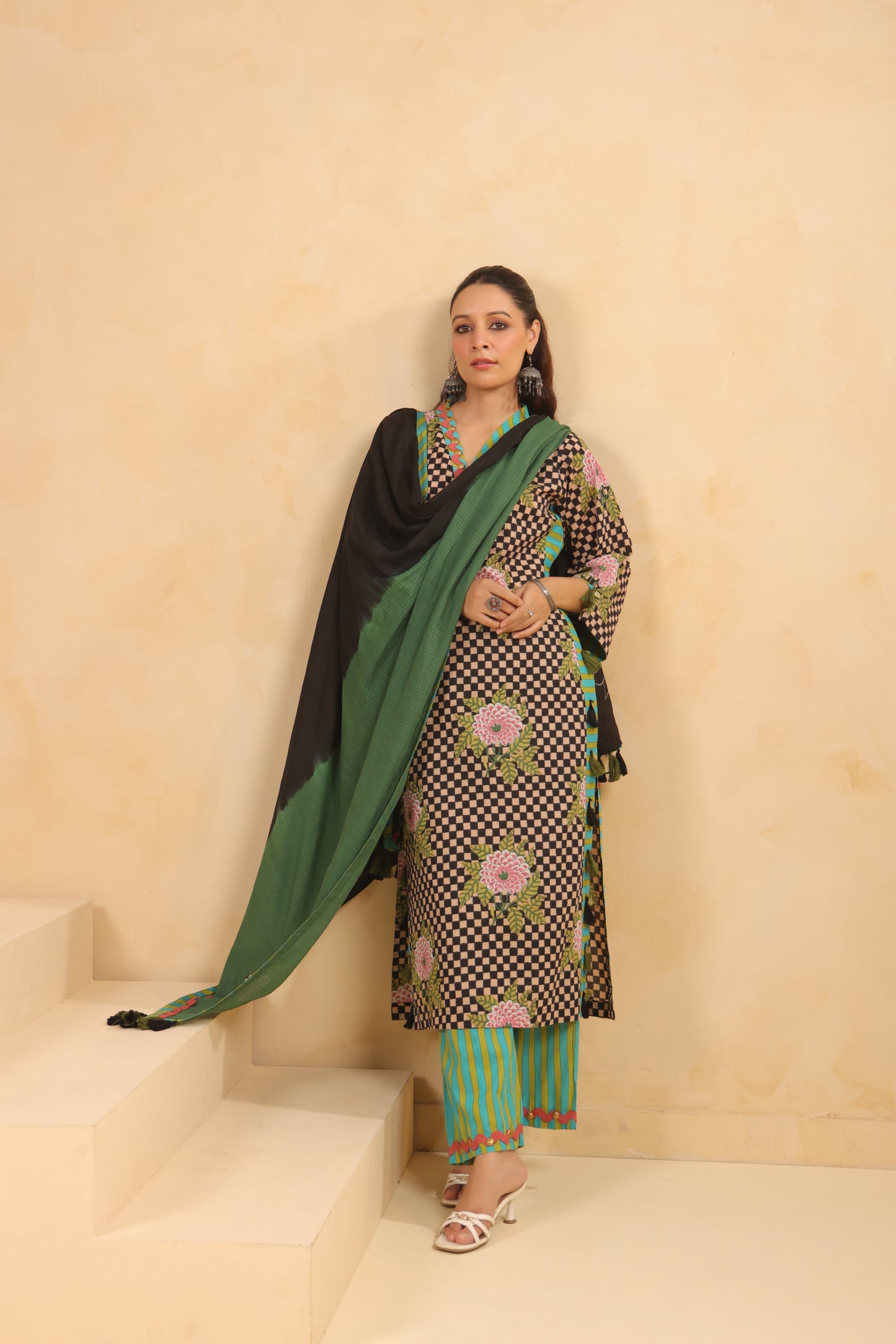 Black Gomertical cotton premium suit with beautiful detailing & kota doria dupatta