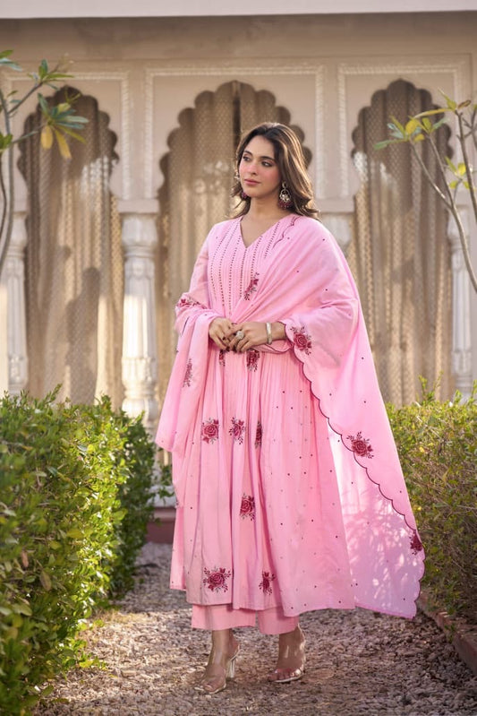 Fusion pink mul cotton embroidery Anarkali