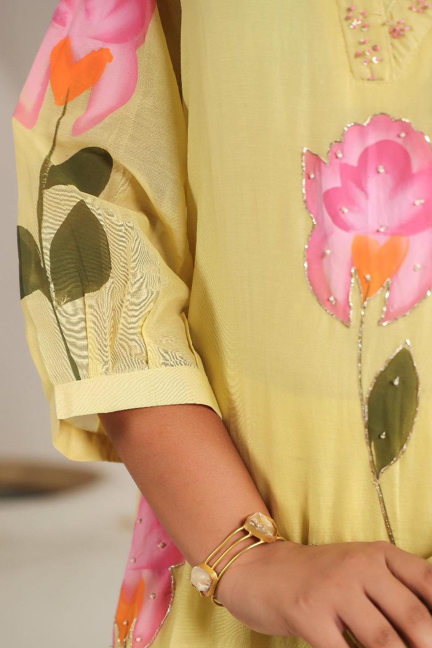 Yellow Hand printed mul chandari