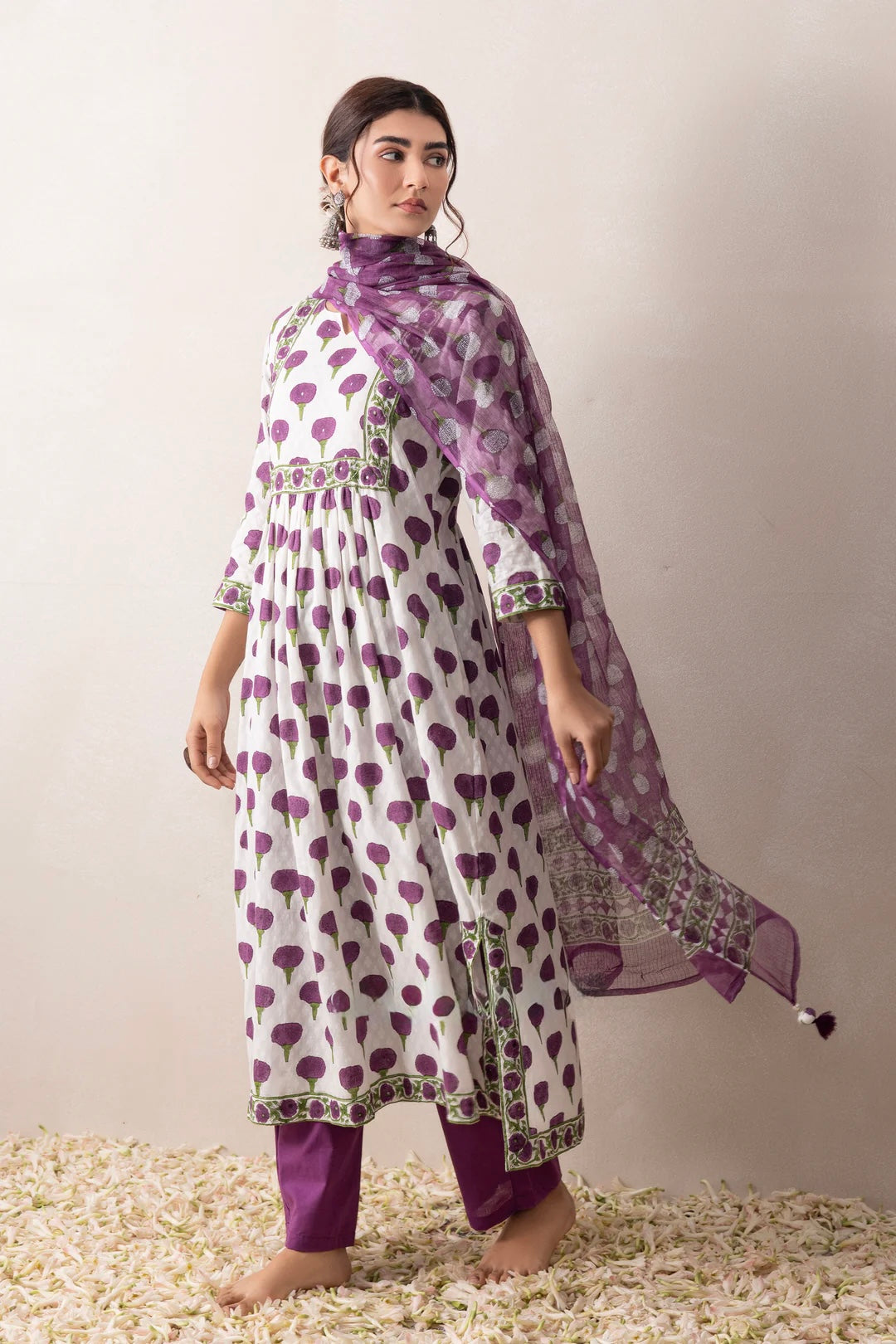 Purple  marigold handblock cotton suit with pure kota doria dupatta