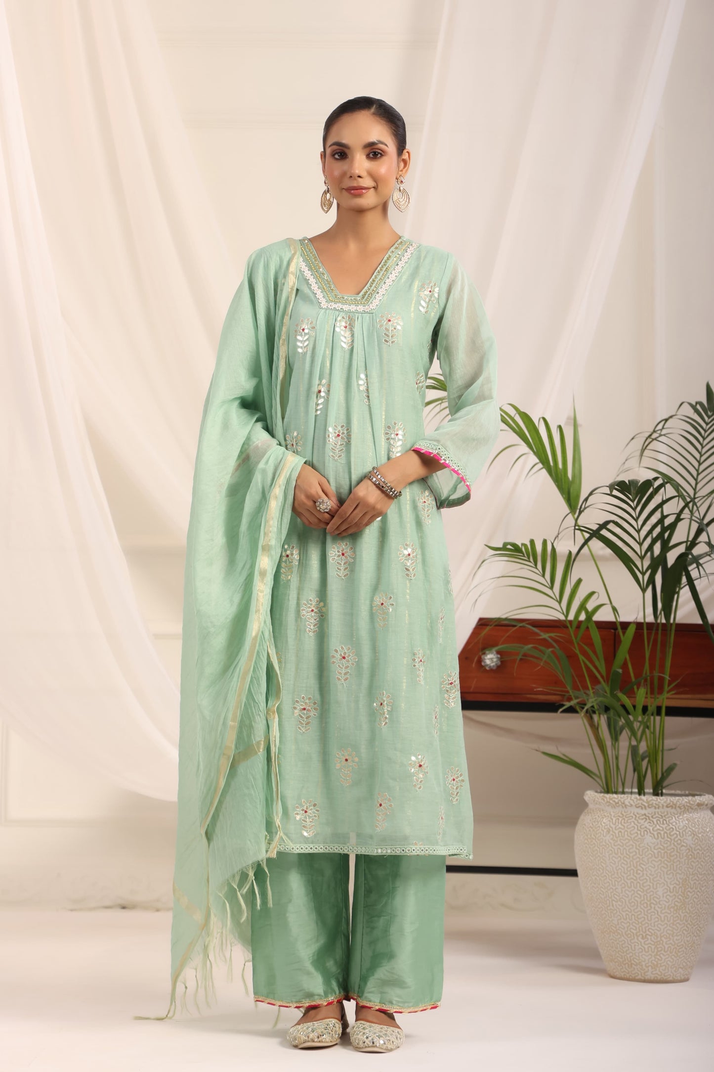 Blue Beautiful gota Full Suit Set With Dupatta In Mul Chanderi Fabric