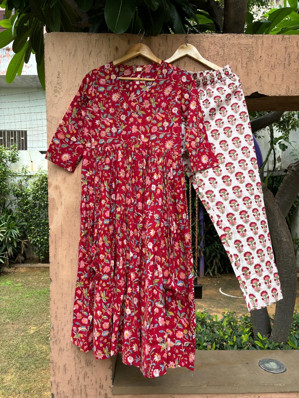 Red hand block premium cotton Anarkali pants paired chandari Dupatta