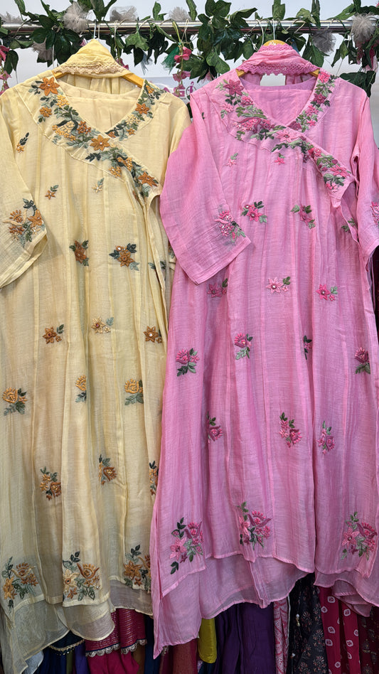 Embroidery mul chandari angrakh suit