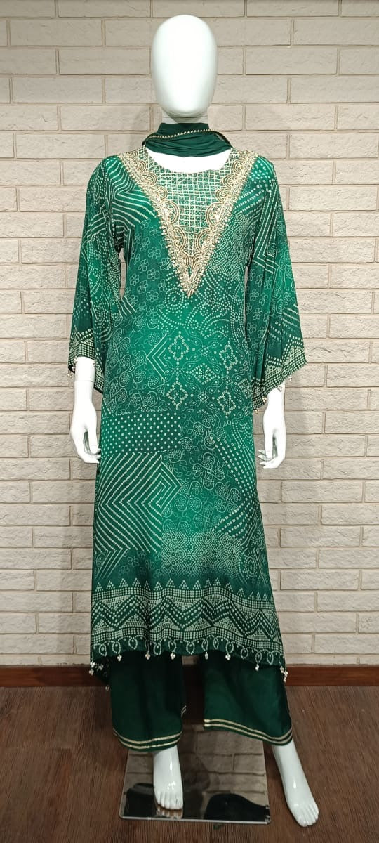 Green Bandhani crepe aline suit with chiffon Dupatta and palzoo