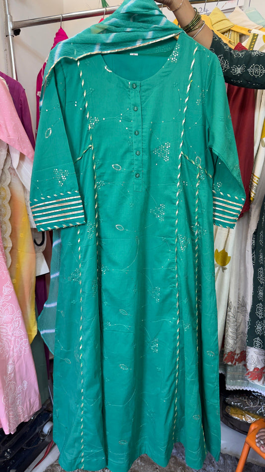 Green Aline cotton suit with Kota doria dup and cotton pants
