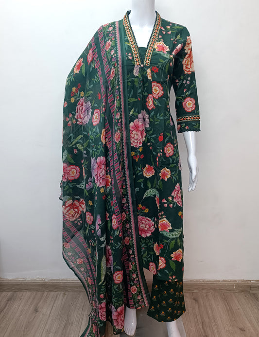 Bottle green floral mul cotton